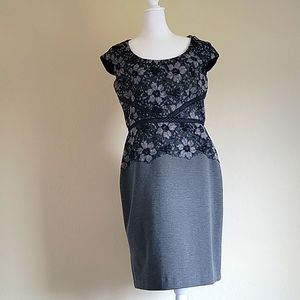 Ann Taylor Lace Sheath Dress Gray Black Cap Sleeve Scoop Neck Women’s Size 6
